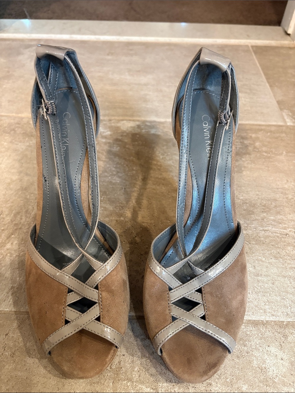 Calvin Klein Taupe Suede Peep-Toe Heels with Patent Trim